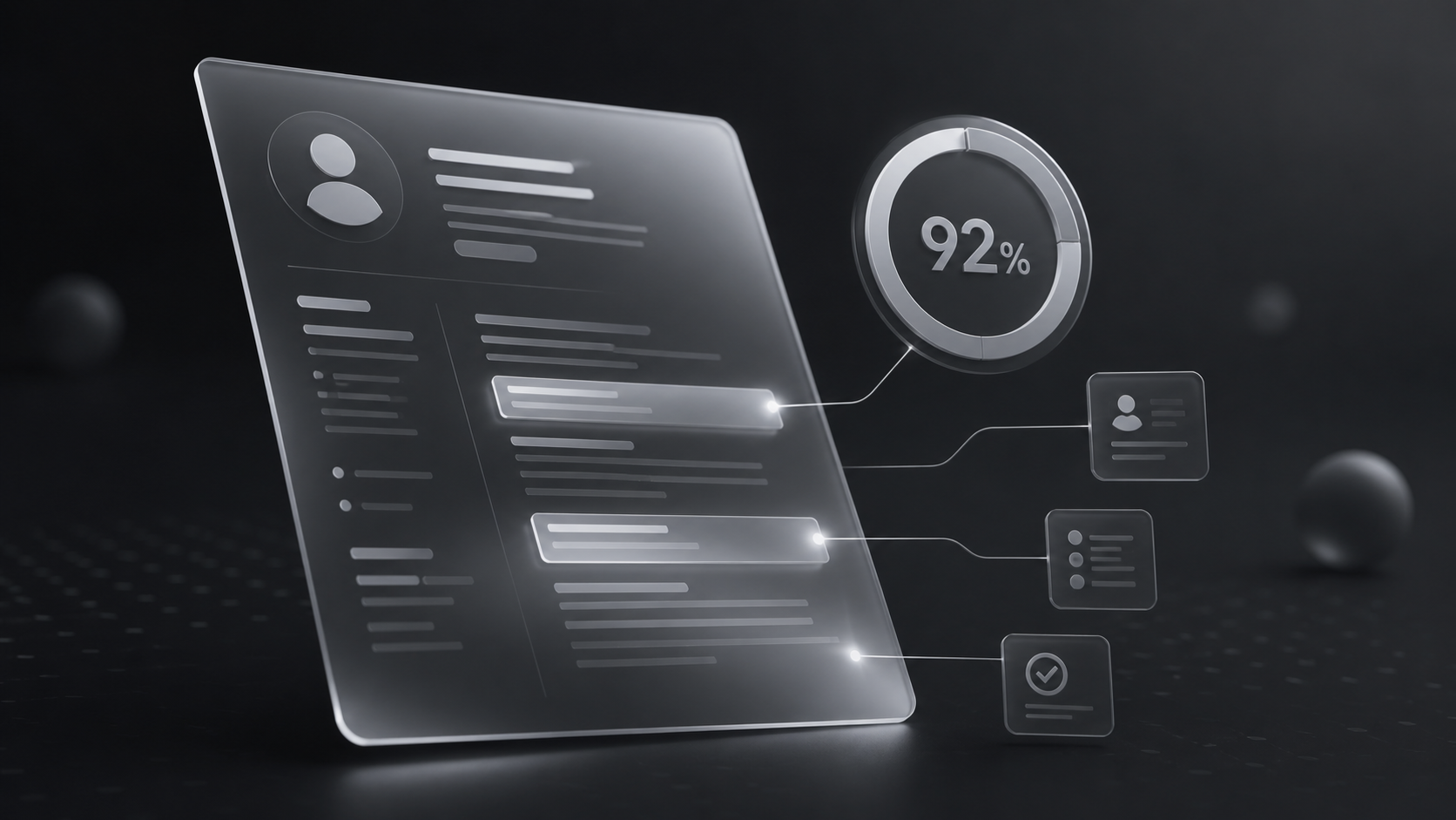 Abstract glassmorphism CV document with a match score ring, representing precise resume matching and analytics