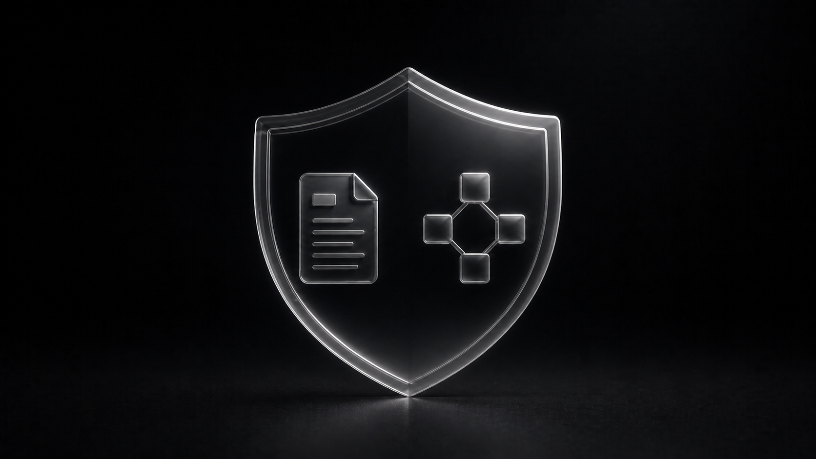 Abstract glassmorphism shield representing Trackr Pro's privacy-first architecture and data protection