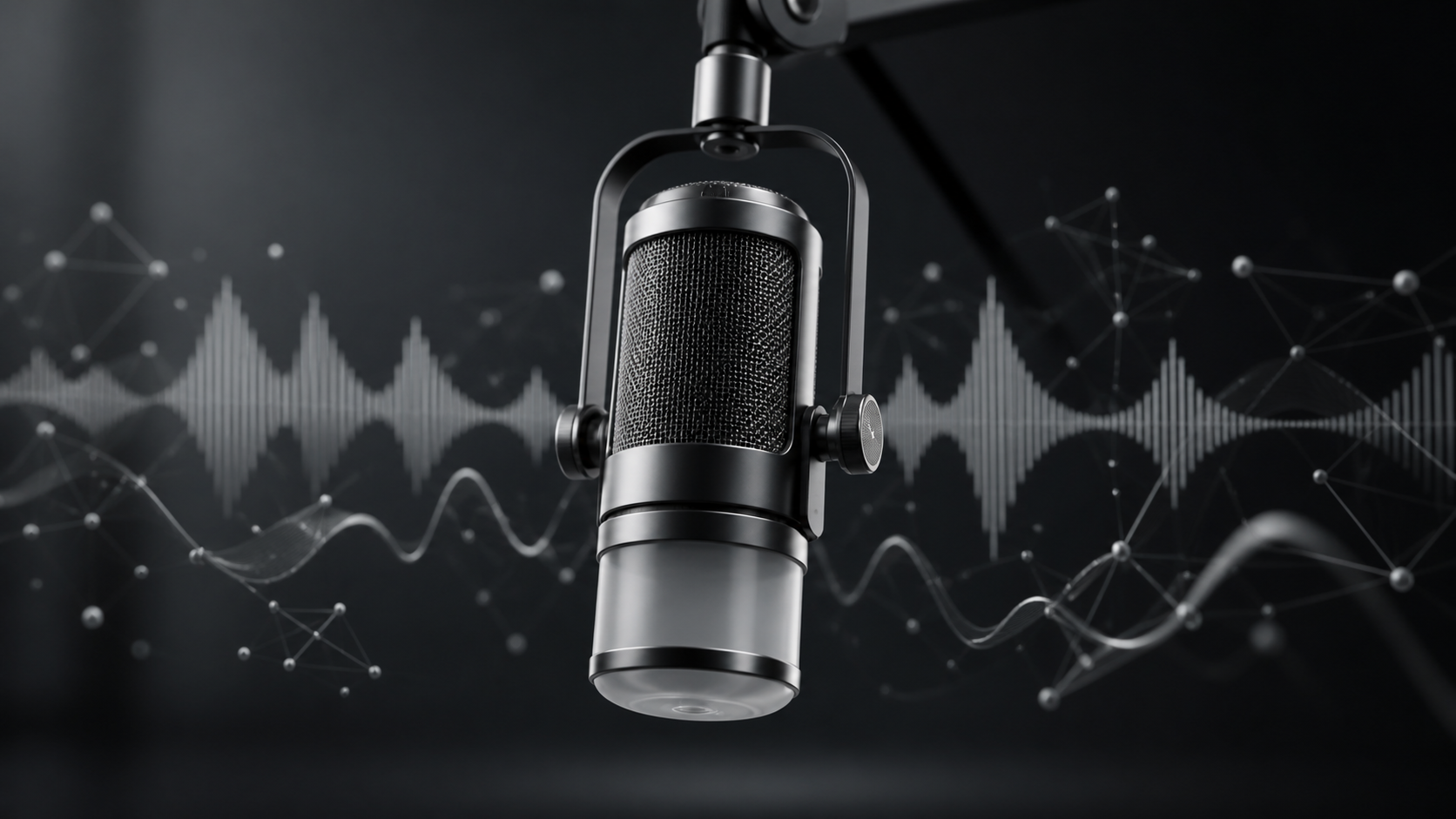 Abstract glassmorphism microphone processing audio waveforms, representing the voice interview rehearsal feature